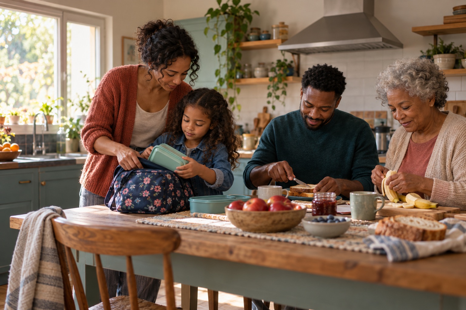 A family preparing breakfast and a school bag together around a kitchen table.
